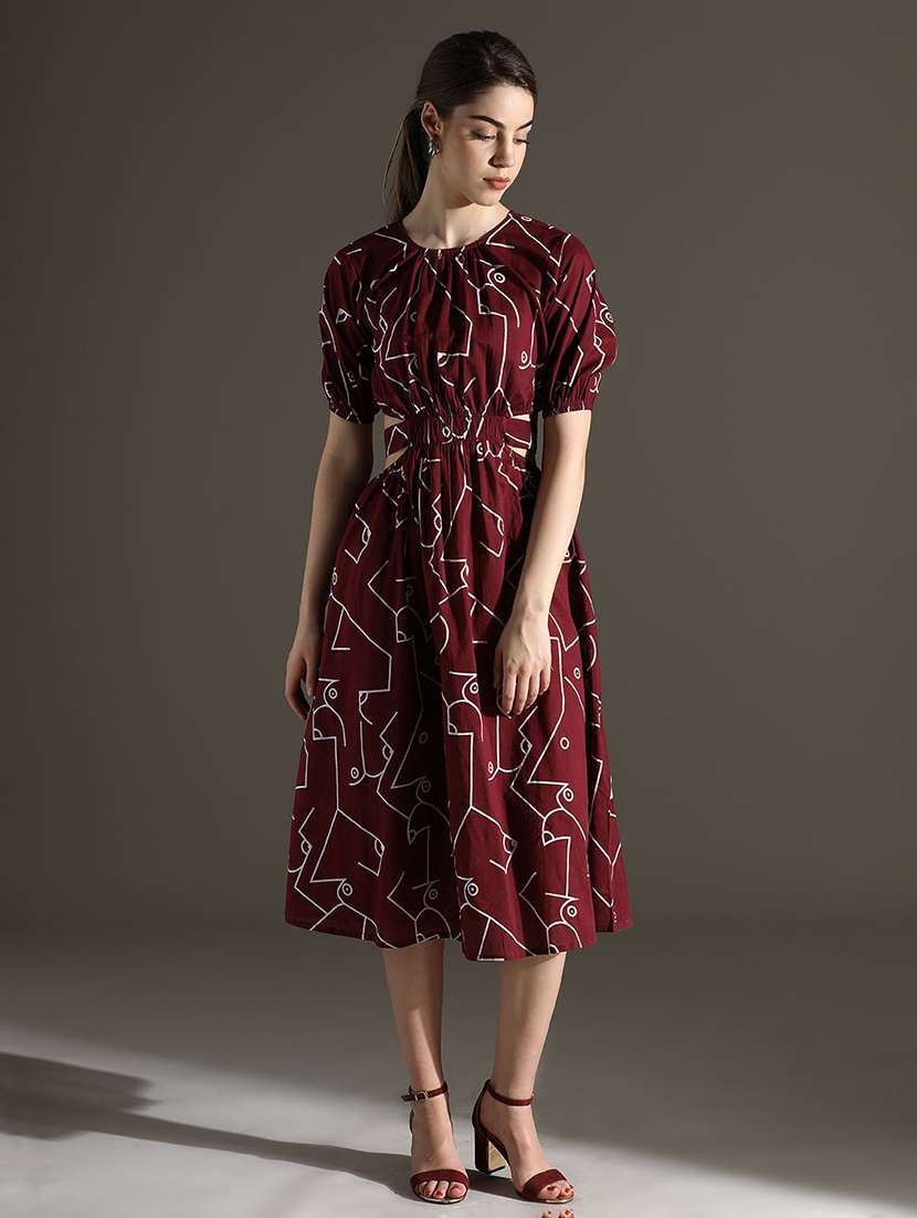 women printed puff sleeve fit & flare dress - 22273678 -  Standard Image - 2