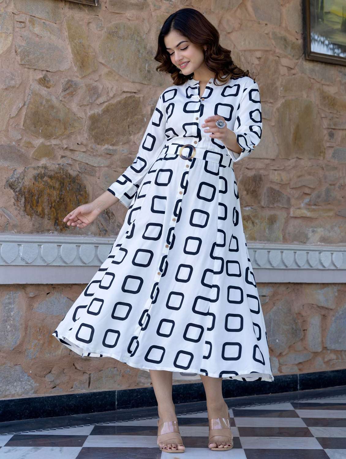 women printed long sleeve fit & flare dress - 22273685 -  Standard Image - 2