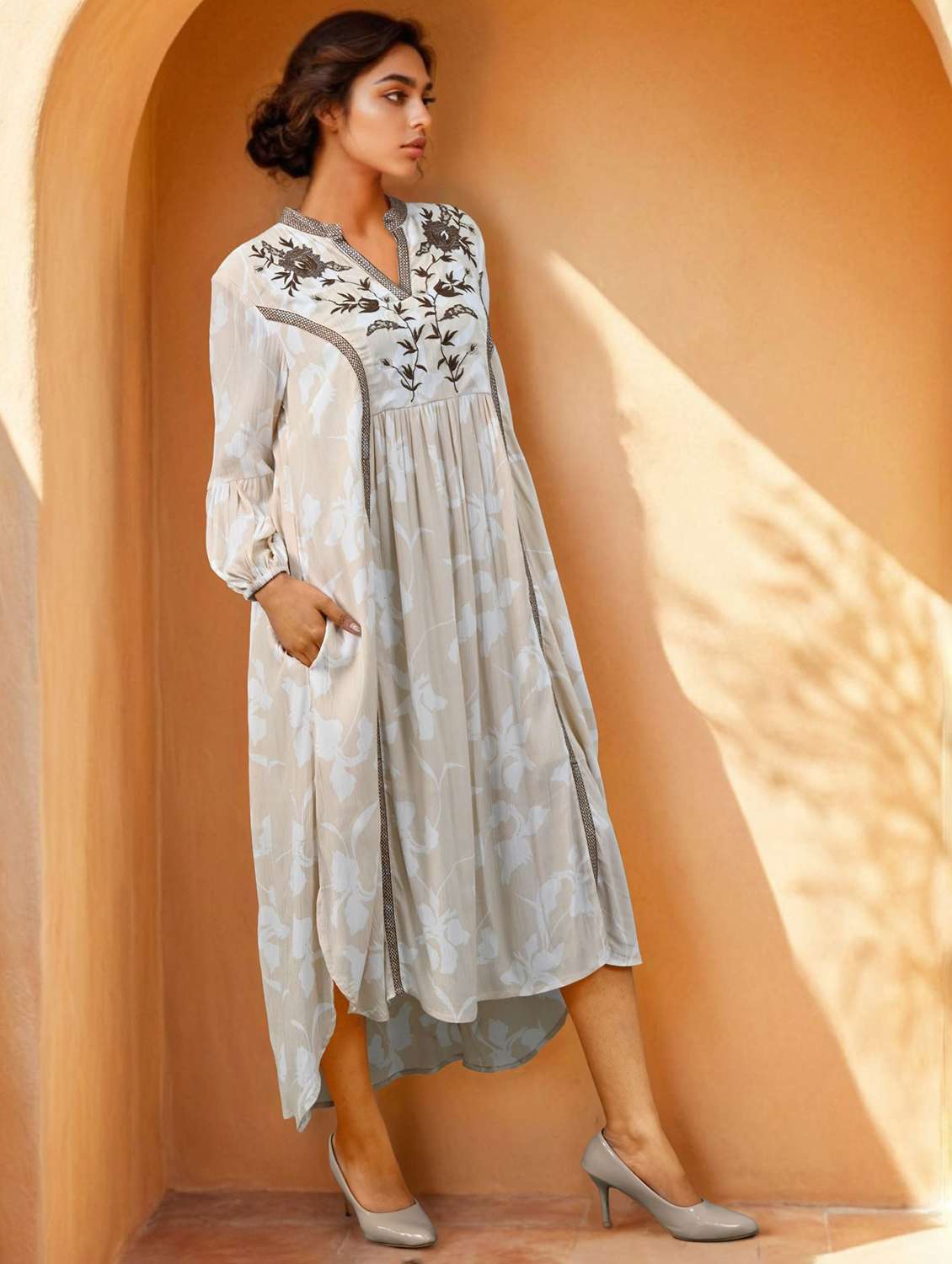 women embroidered long sleeve high low dress - 22273686 -  Standard Image - 2