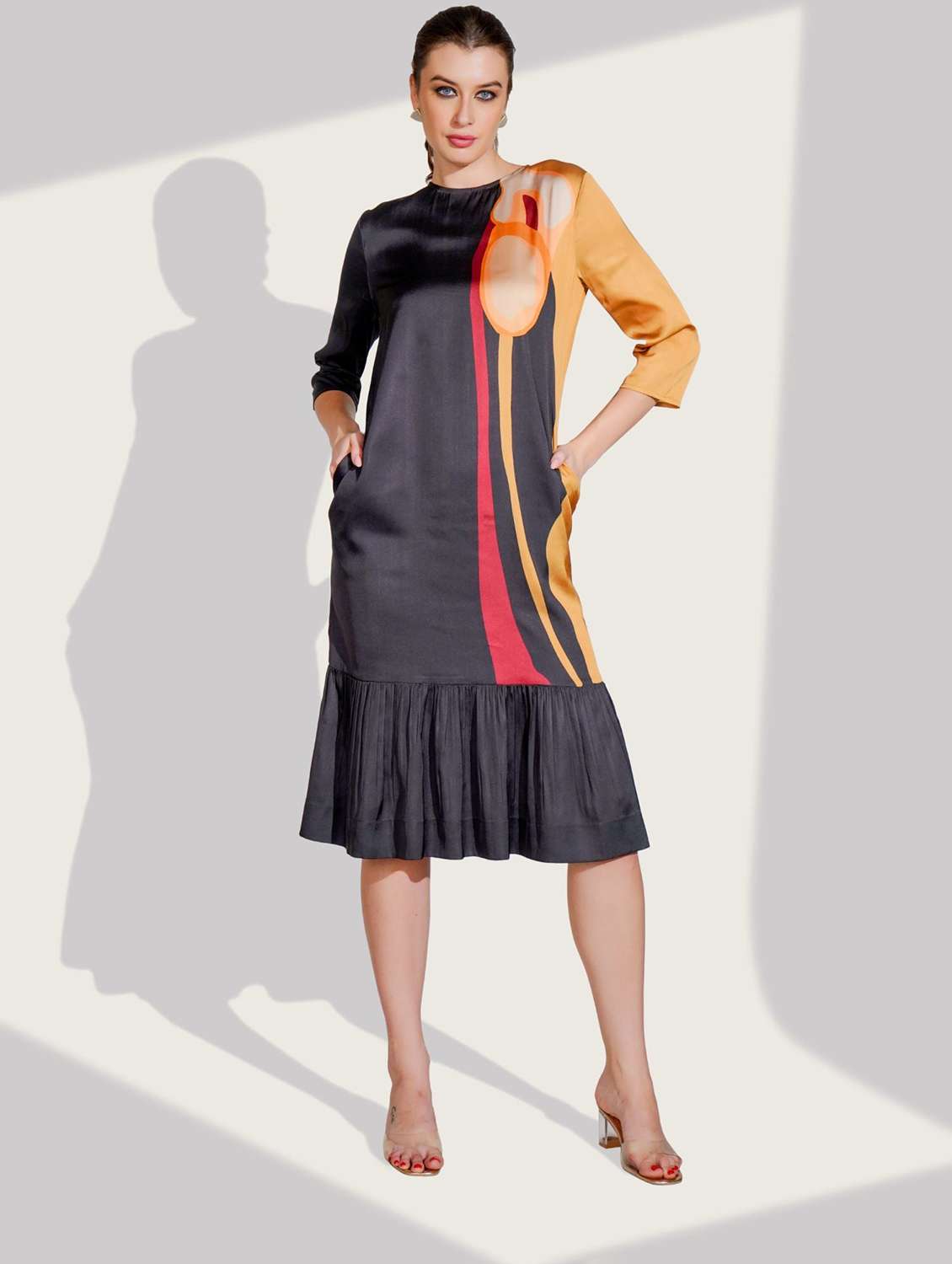 women printed three quarter sleeve tiered dress