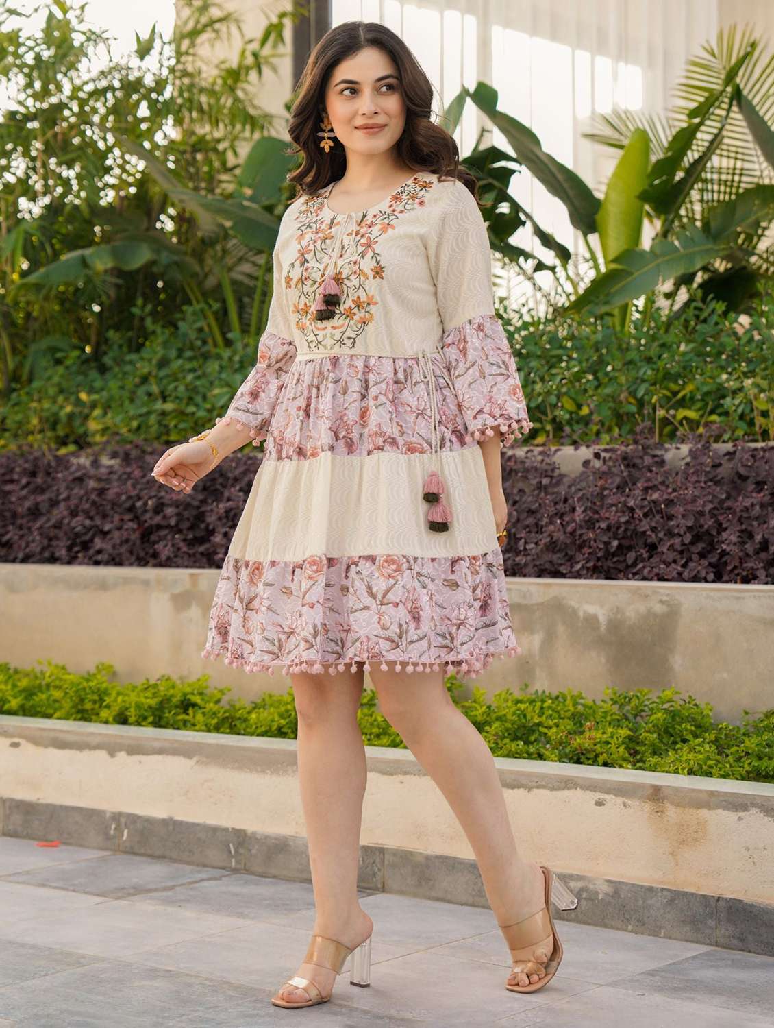 women printed bell sleeve tiered dress - 22273694 -  Standard Image - 2