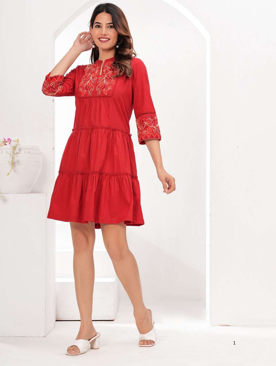 women embroidered mandarin neck tiered dress - 22273696 -  Standard Image - 2