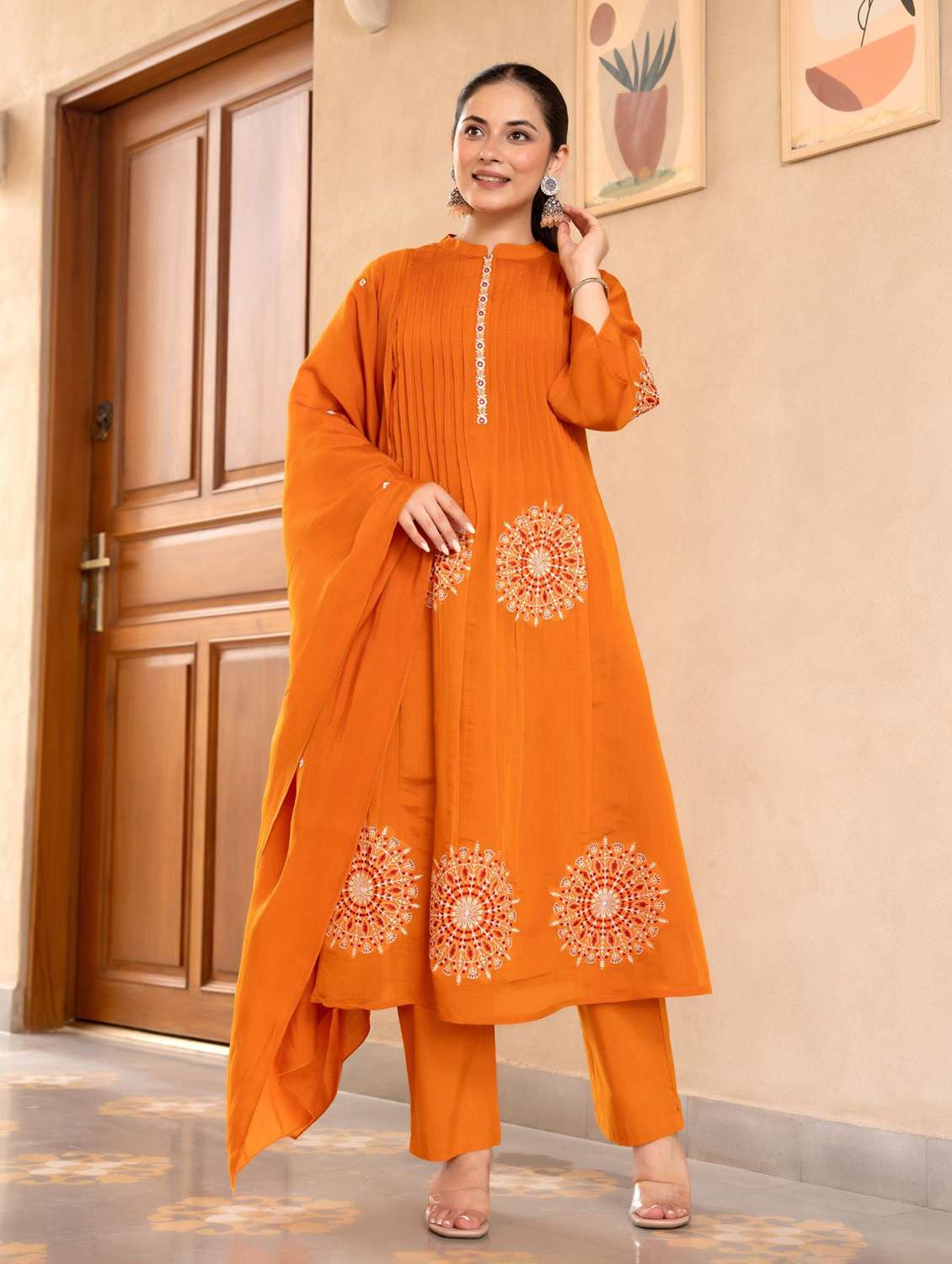 women solid with work three quarter sleeve kurta pant with dupatta set - 22273707 -  Standard Image - 2