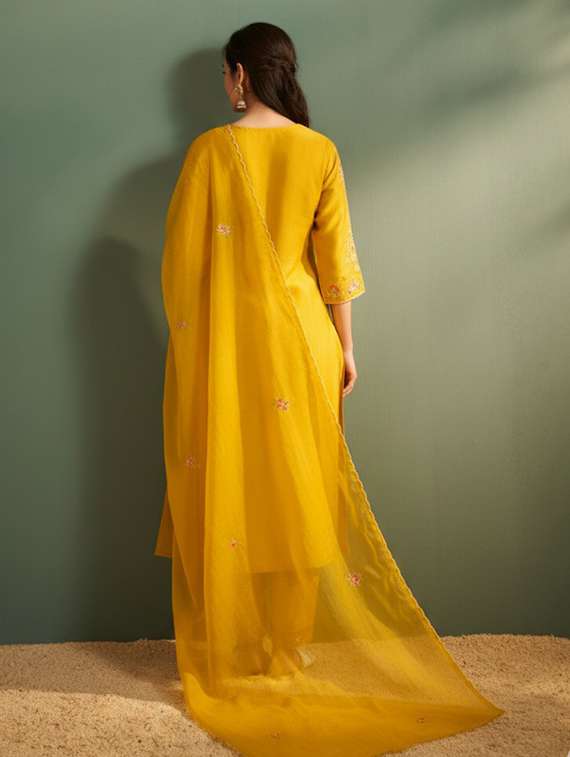 women solid with work three quarter sleeve kurta pant with dupatta set - 22273720 -  Standard Image - 2