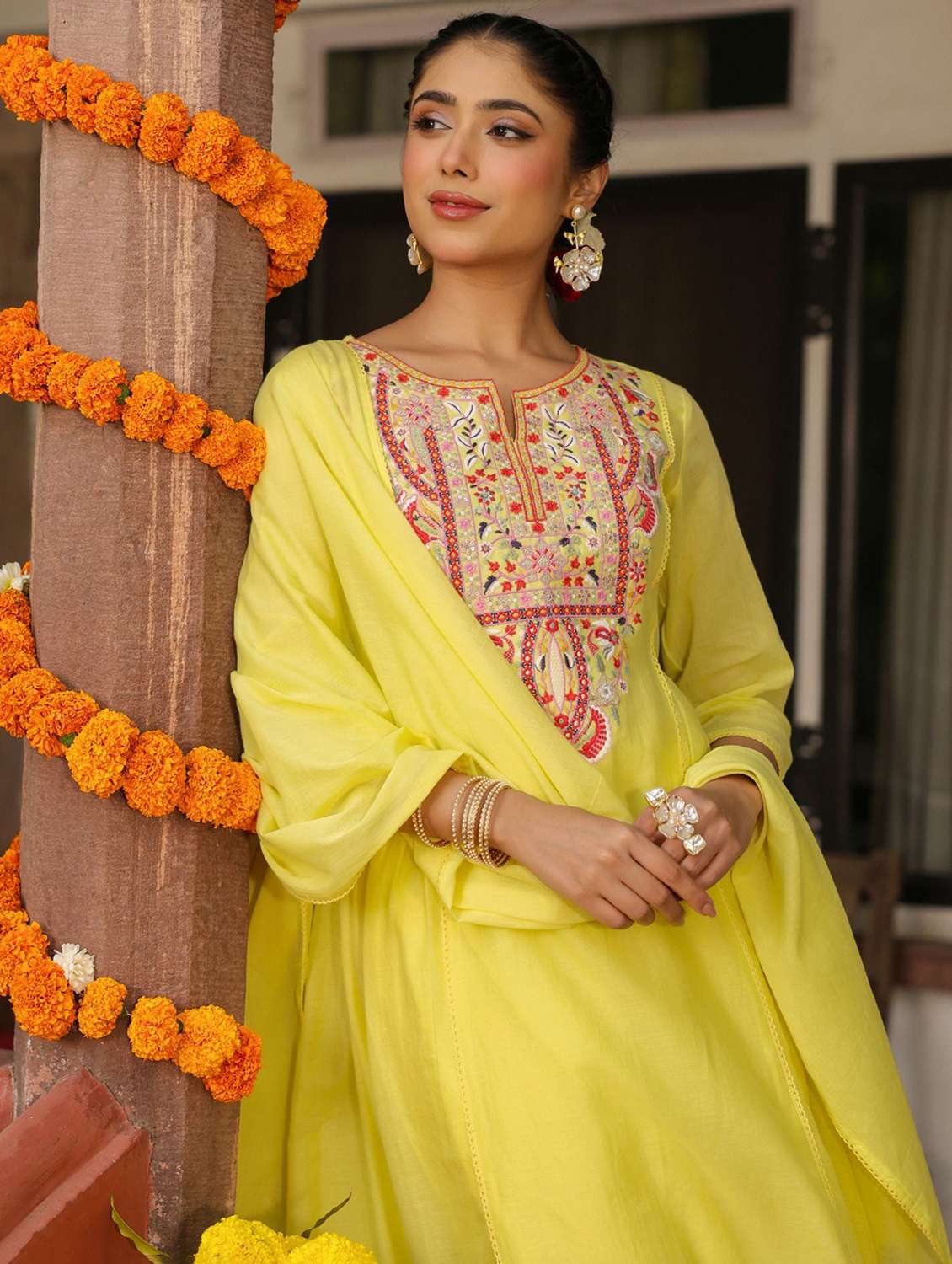 women solid with work three quarter sleeve kurta pant with dupatta set - 22273732 -  Standard Image - 2