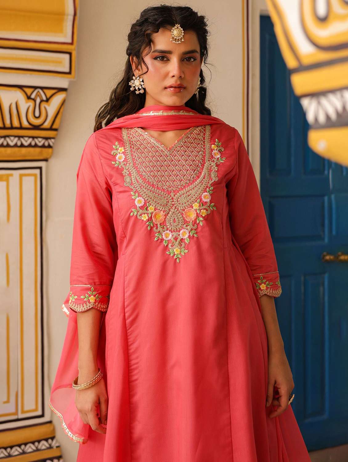 Women Solid With Work Three Quarter Sleeve Kurta Pant With Dupatta Set - 22273738 -  Standard Image - 2