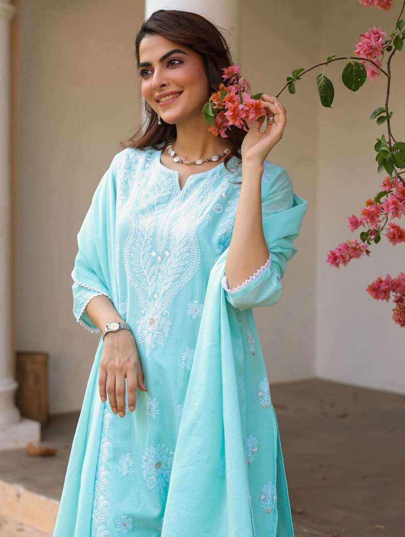 women solid with work three quarter sleeve kurta pant with dupatta set - 22273739 -  Standard Image - 2