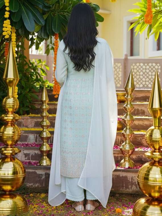 women solid with work three quarter sleeve kurta pant with dupatta set - 22273745 -  Standard Image - 2