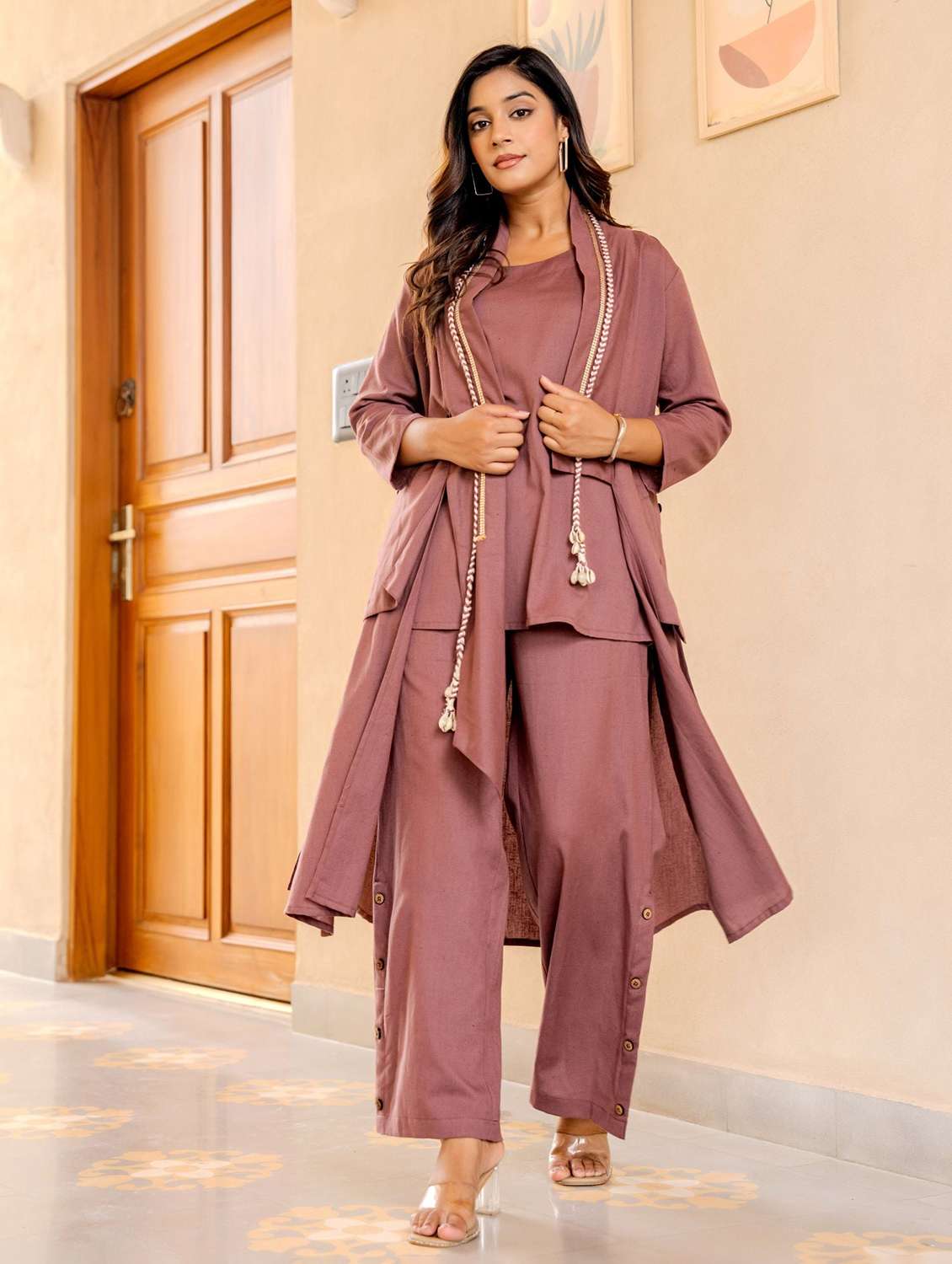 women solid three quarter sleeve co-ord set - 22273768 -  Standard Image - 2