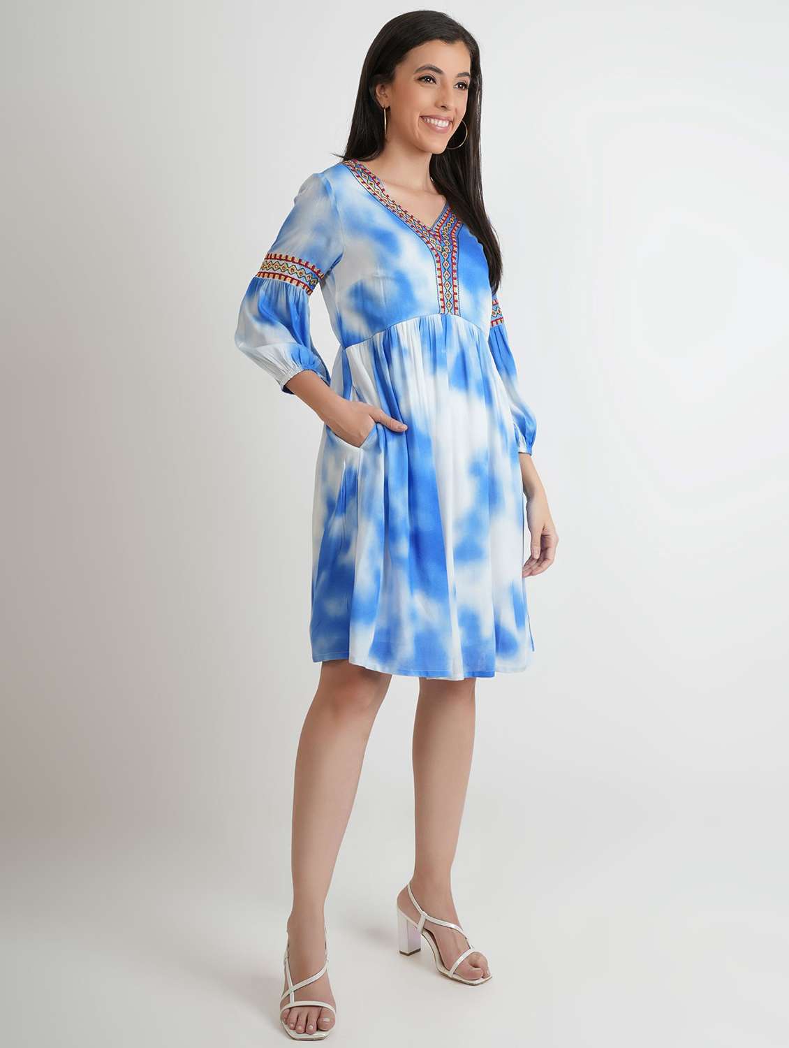 women printed puff sleeve fit & flare dress - 22273773 -  Standard Image - 2