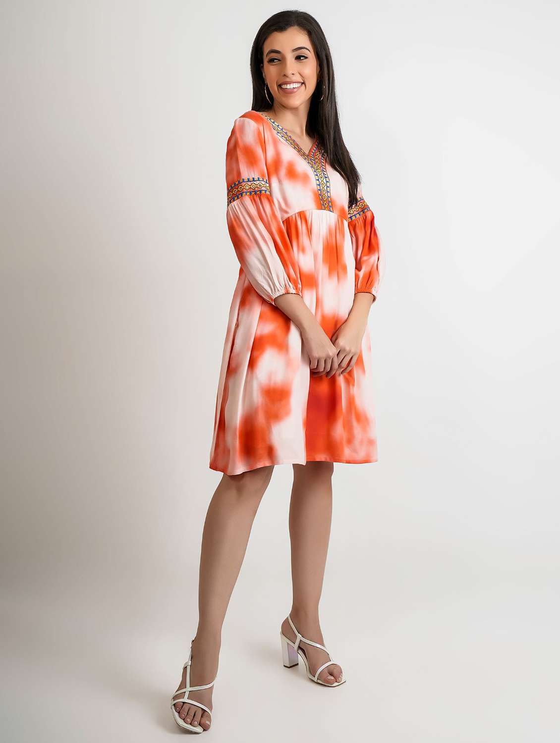 women printed puff sleeve fit & flare dress - 22273774 -  Standard Image - 2