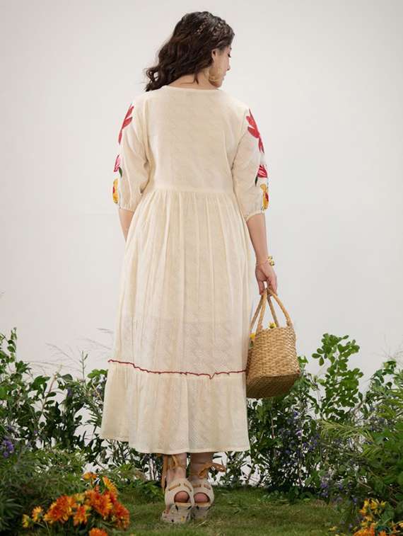 women printed three quarter sleeve tiered dress - 22273791 -  Standard Image - 2