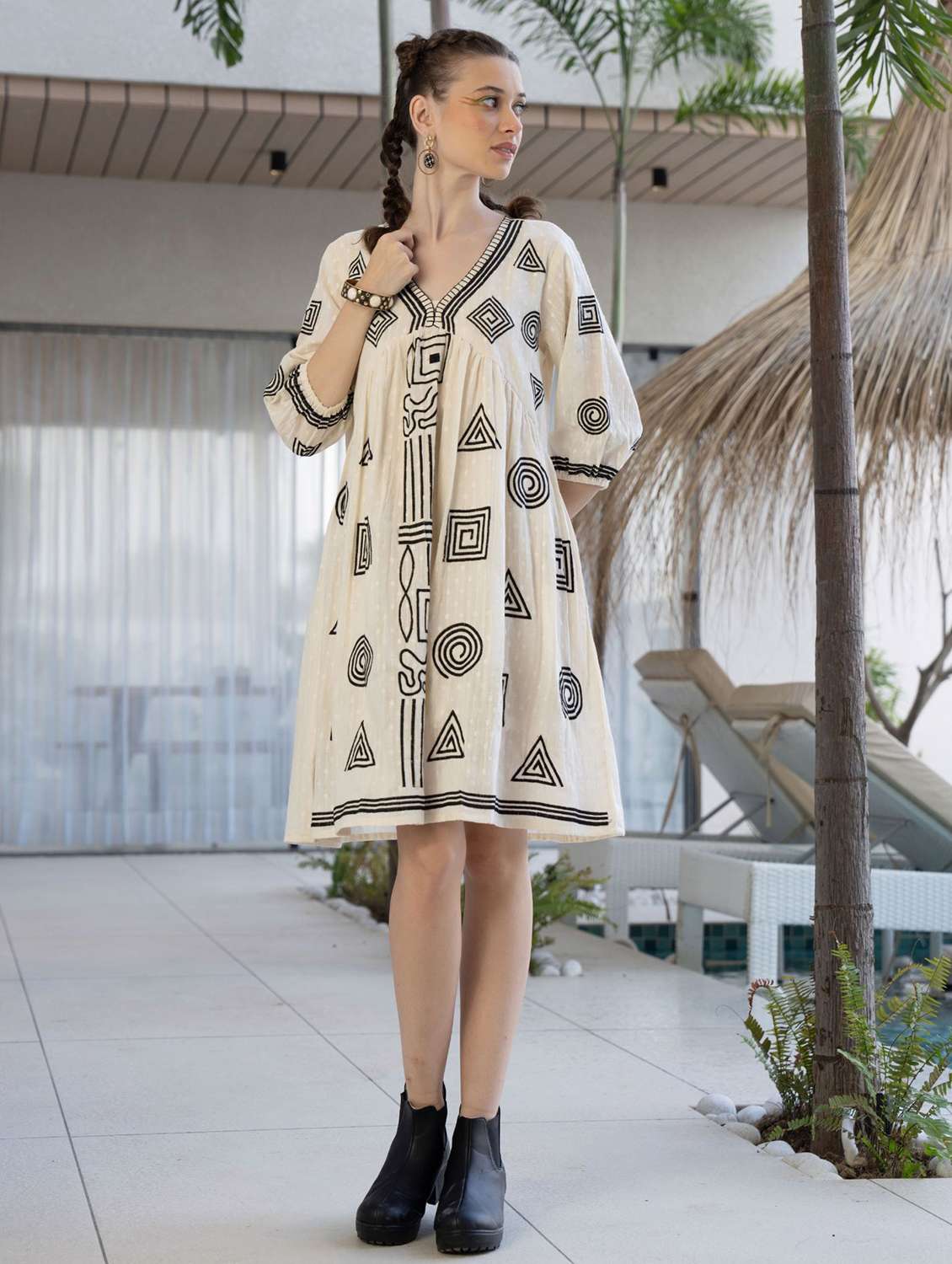 women embroidered puff sleeve fit & flare dress