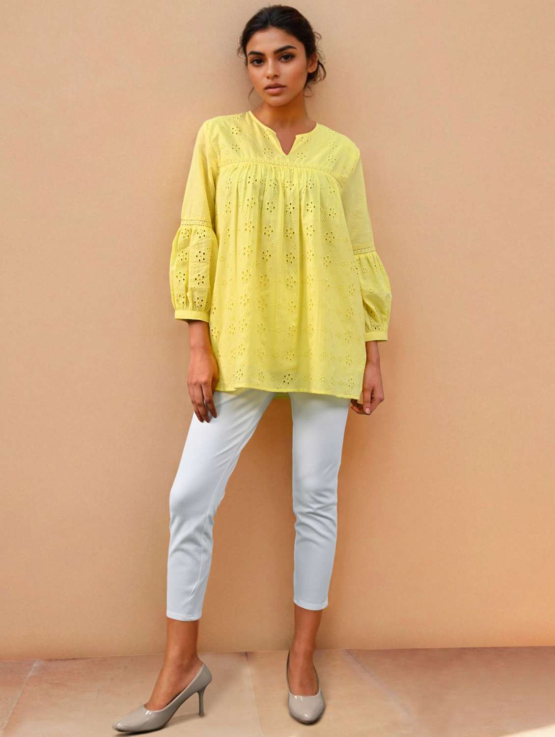 women self designed puff sleeve a-line top - 22273815 -  Standard Image - 2