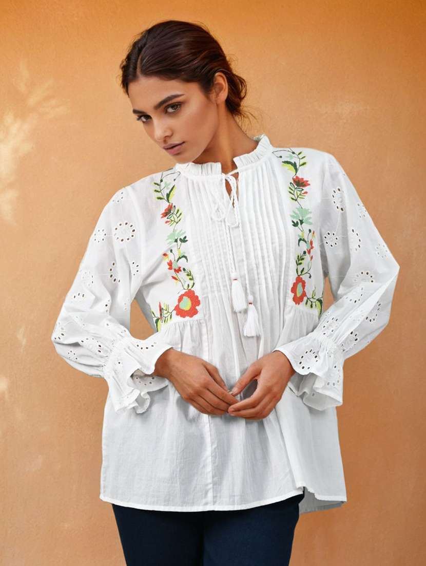 women embroidered bell sleeve a-line top - 22273817 -  Standard Image - 2