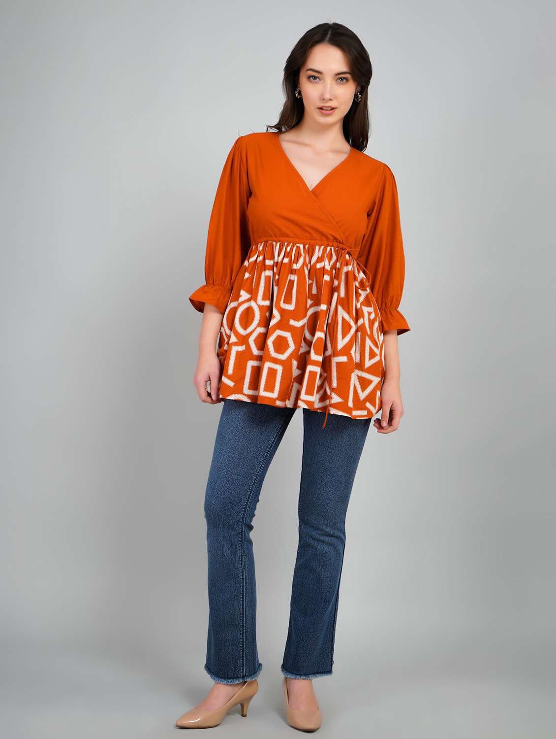 women printed puff sleeve flared top - 22273818 -  Standard Image - 2