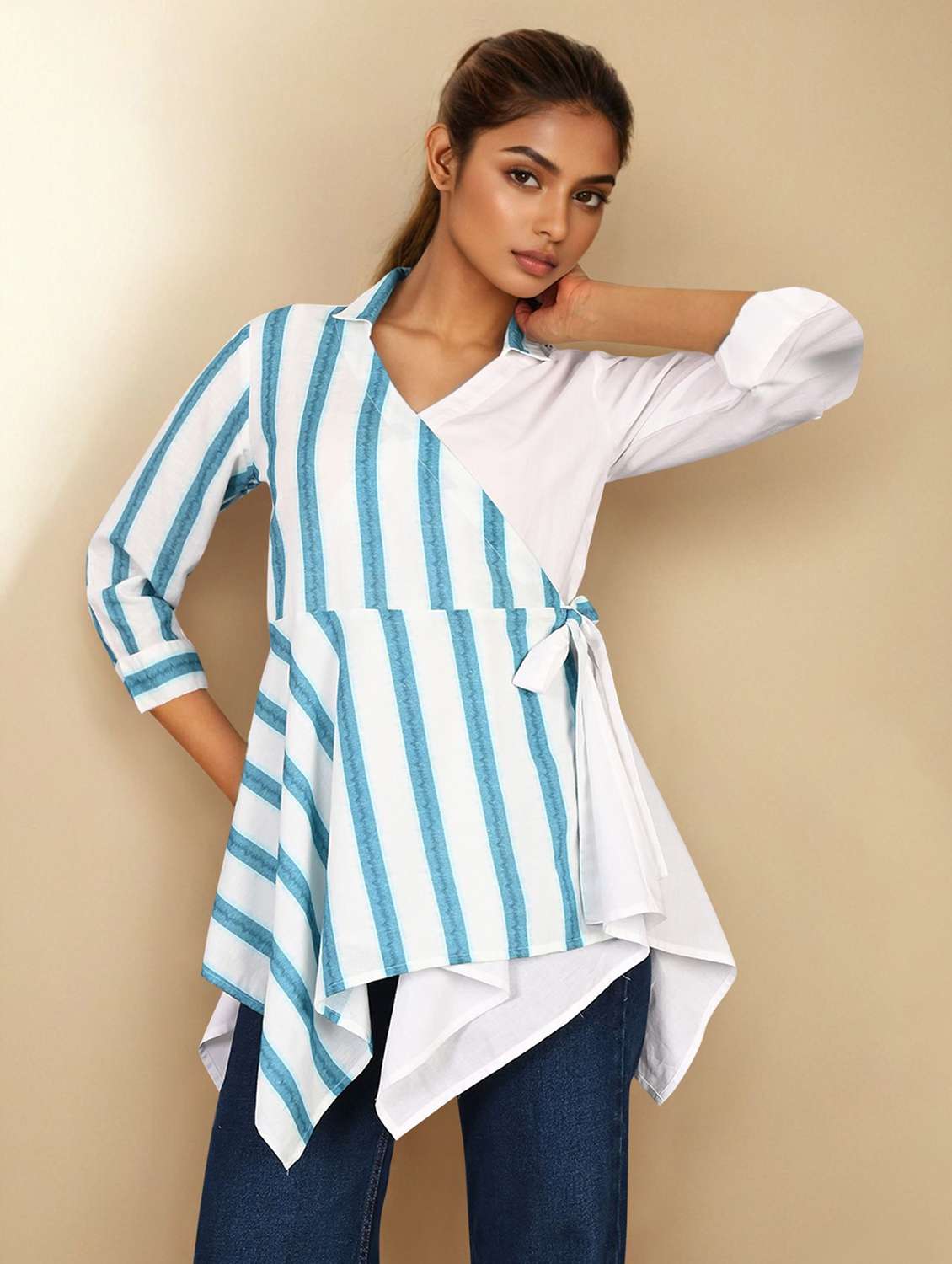women striped three quarter sleeve asymmetric top