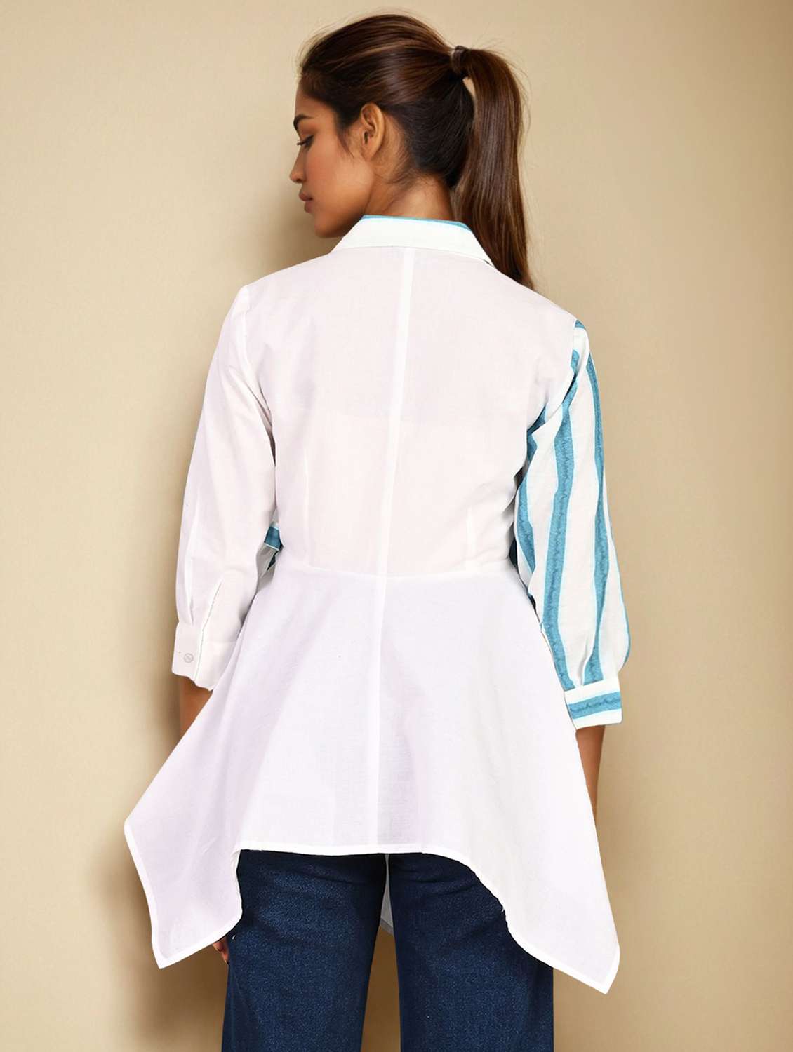 women striped three quarter sleeve asymmetric top - 22273819 -  Standard Image - 2