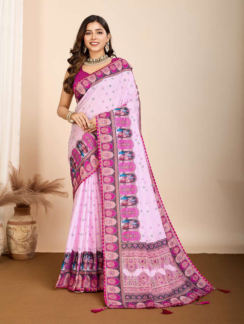 women printed embroidered saree with blouse