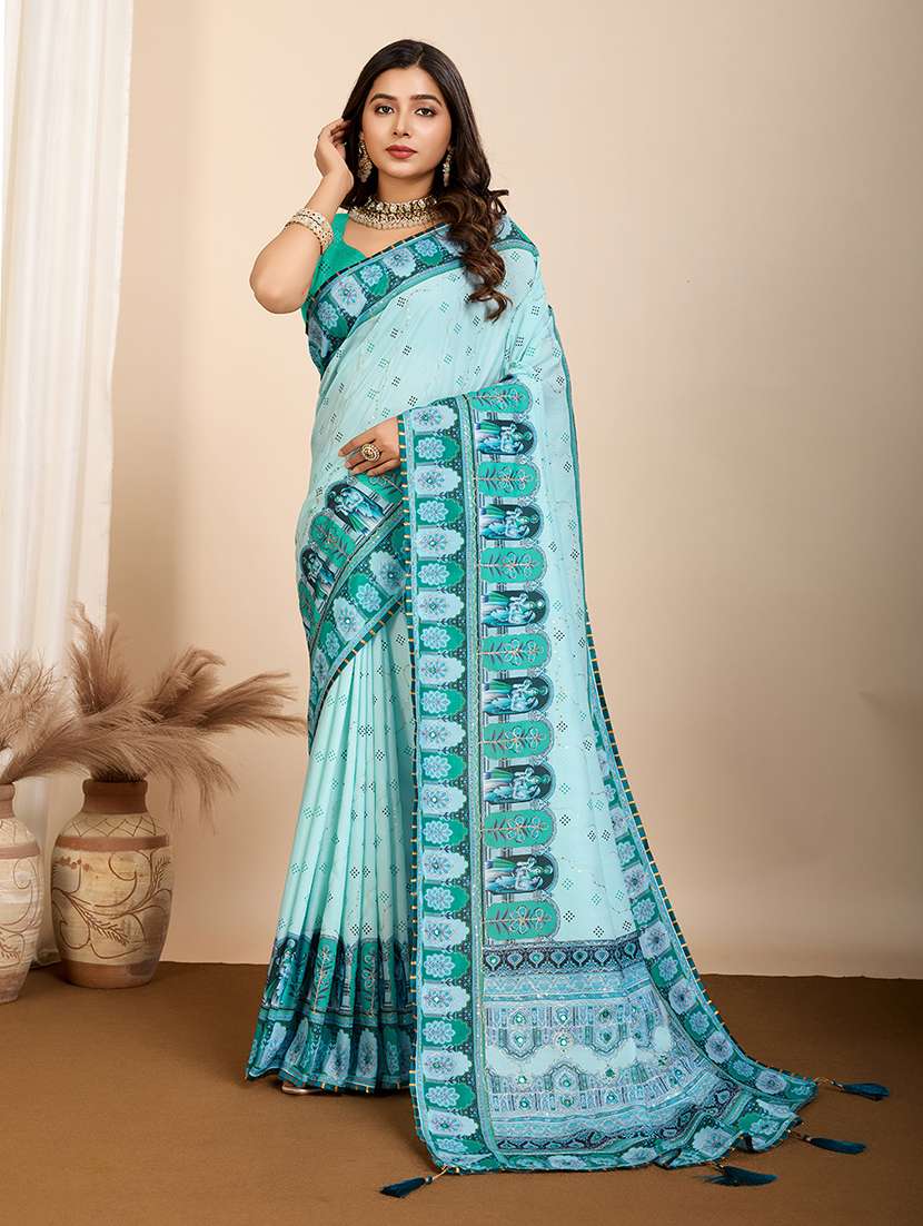 women printed embroidered saree with blouse