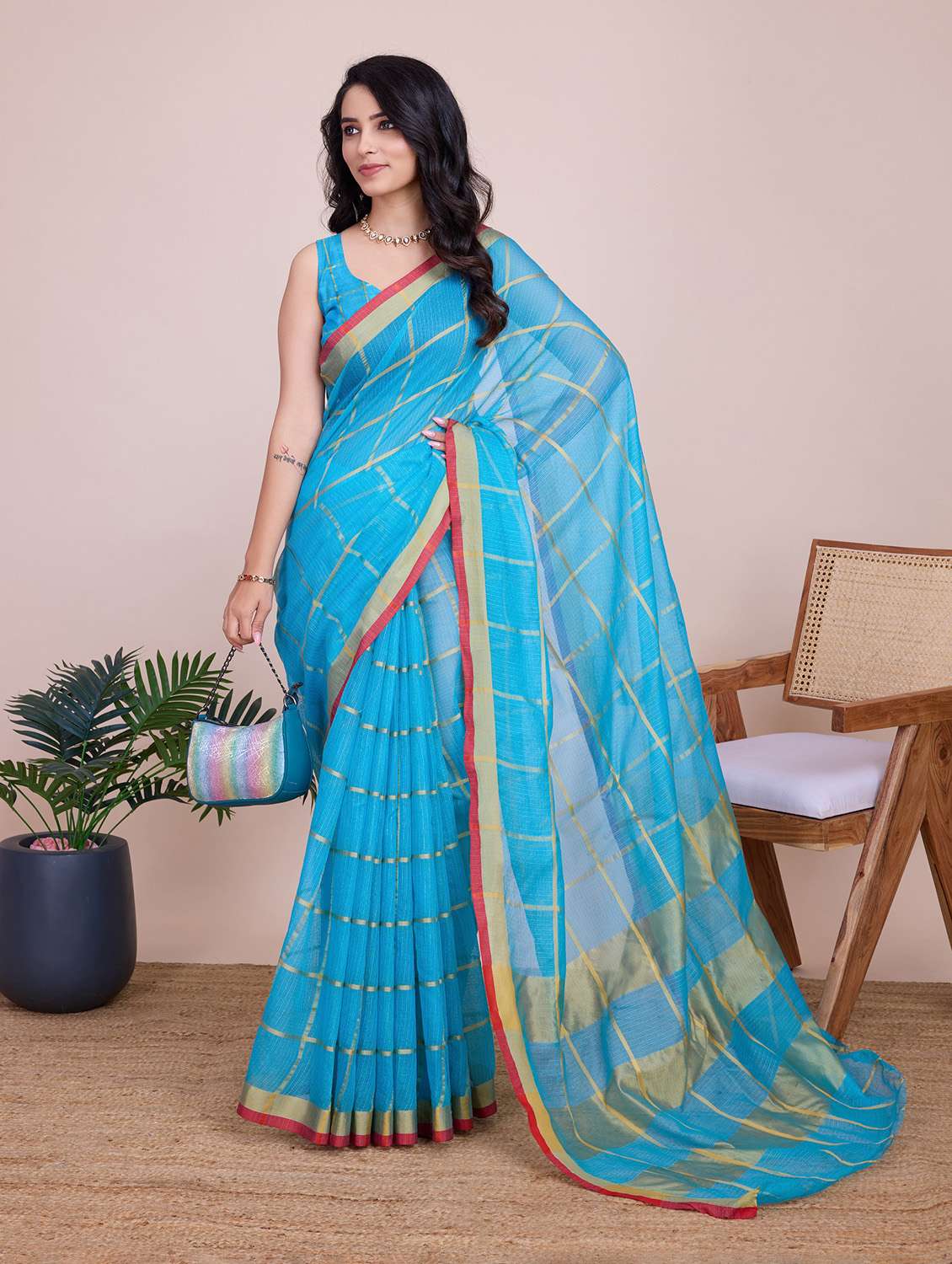 women checkered bordered saree with blouse