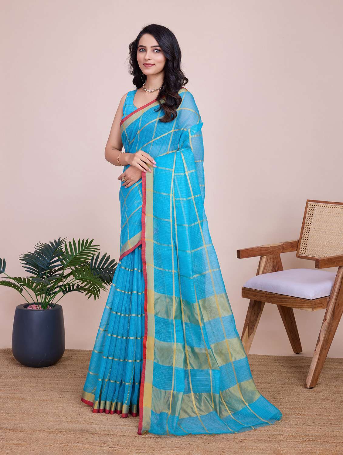 women checkered bordered saree with blouse - 22274037 -  Standard Image - 2