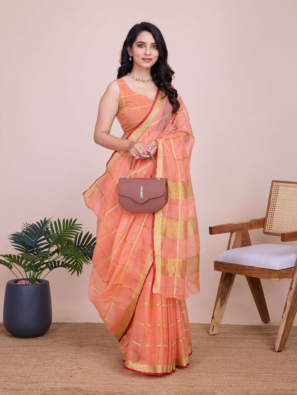 women checkered bordered saree with blouse - 22274038 -  Standard Image - 2