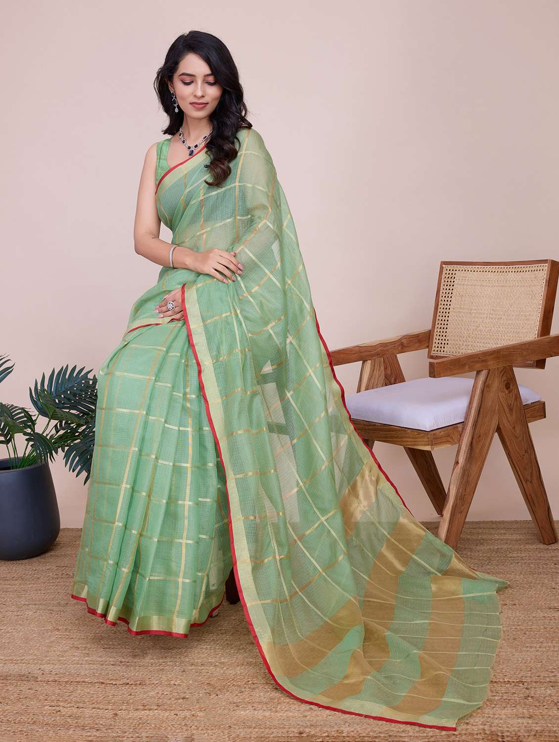 women checkered bordered saree with blouse - 22274040 -  Standard Image - 2