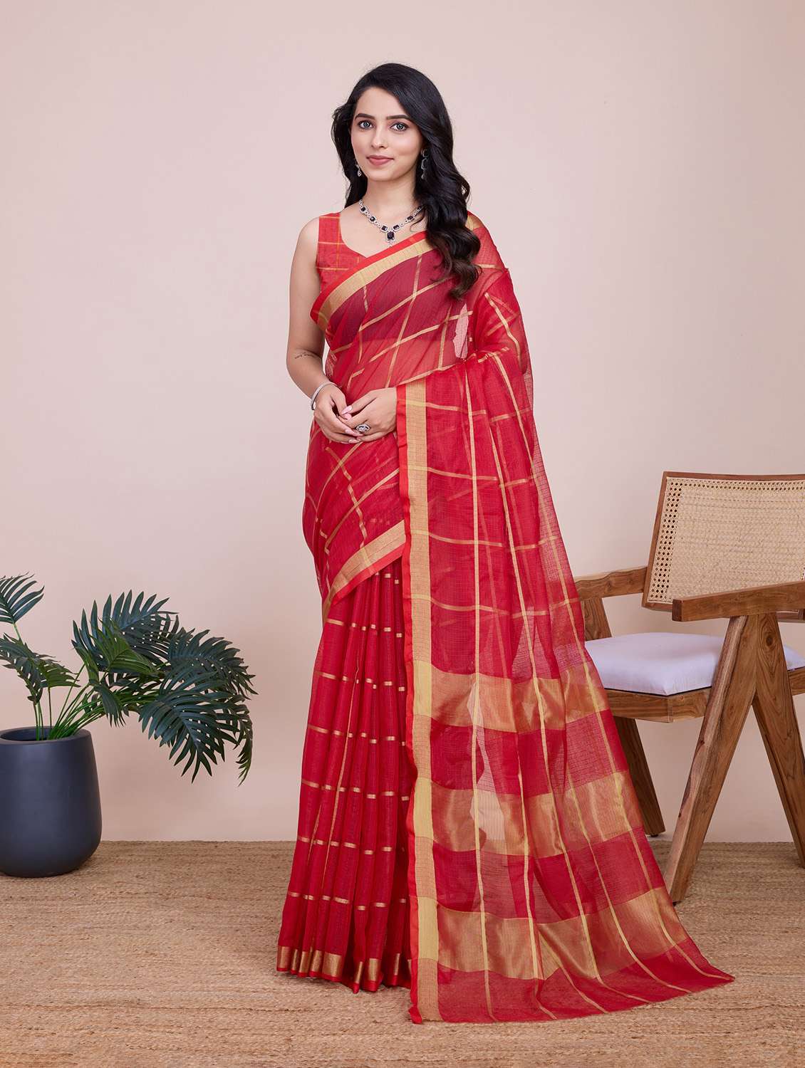 women checkered bordered saree with blouse - 22274041 -  Standard Image - 2