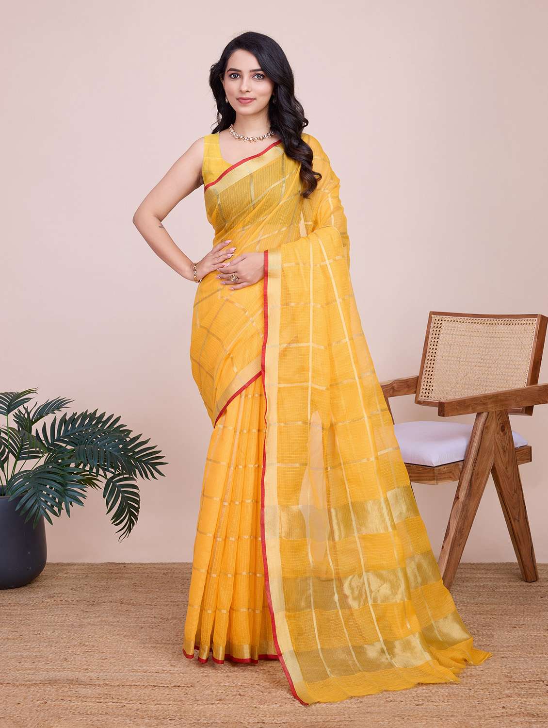 women checkered bordered saree with blouse - 22274042 -  Standard Image - 2