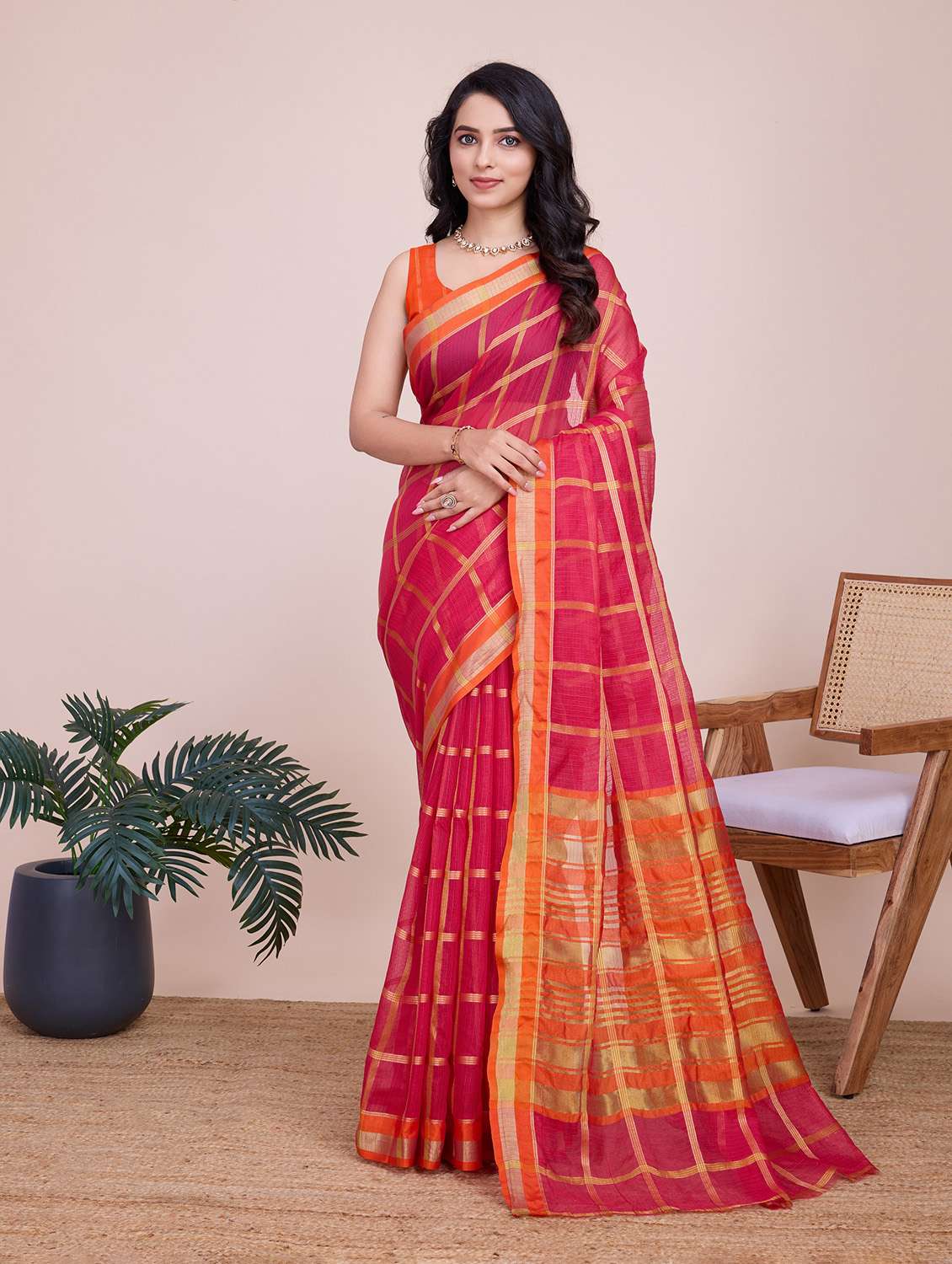 women checkered bordered saree with blouse - 22274047 -  Standard Image - 2