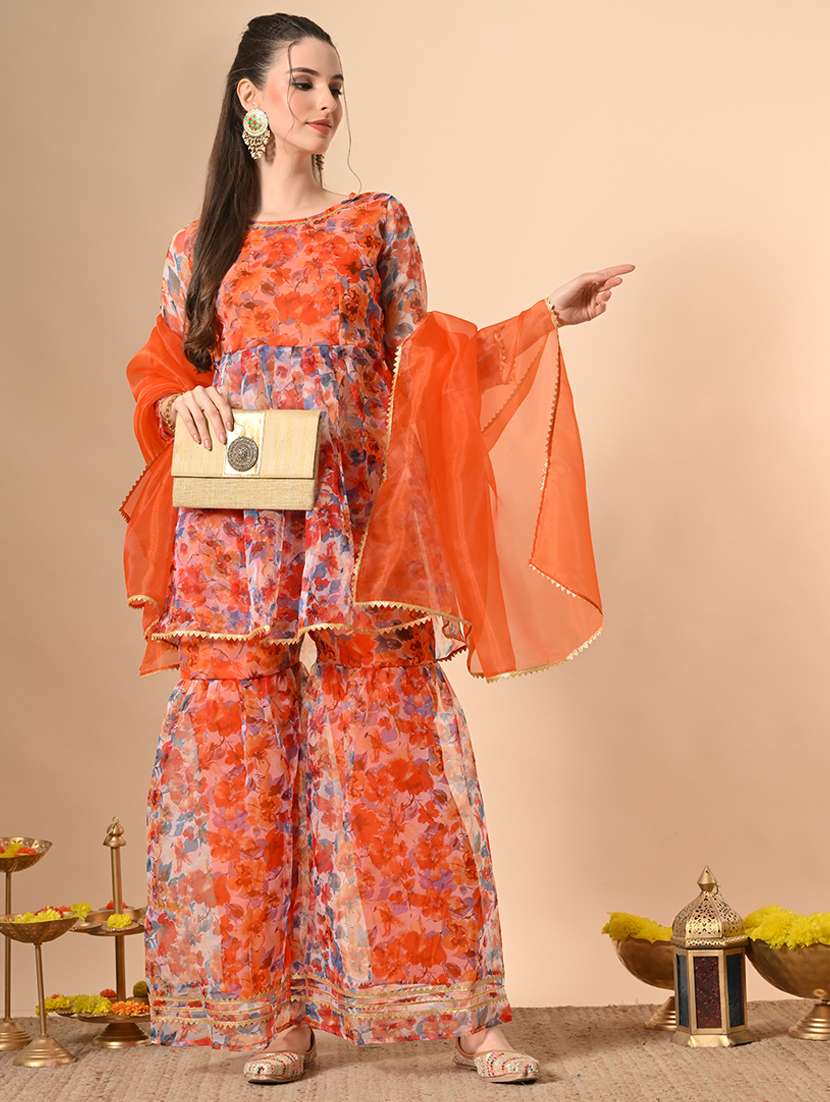 women floral print kurta and sharara with dupatta 