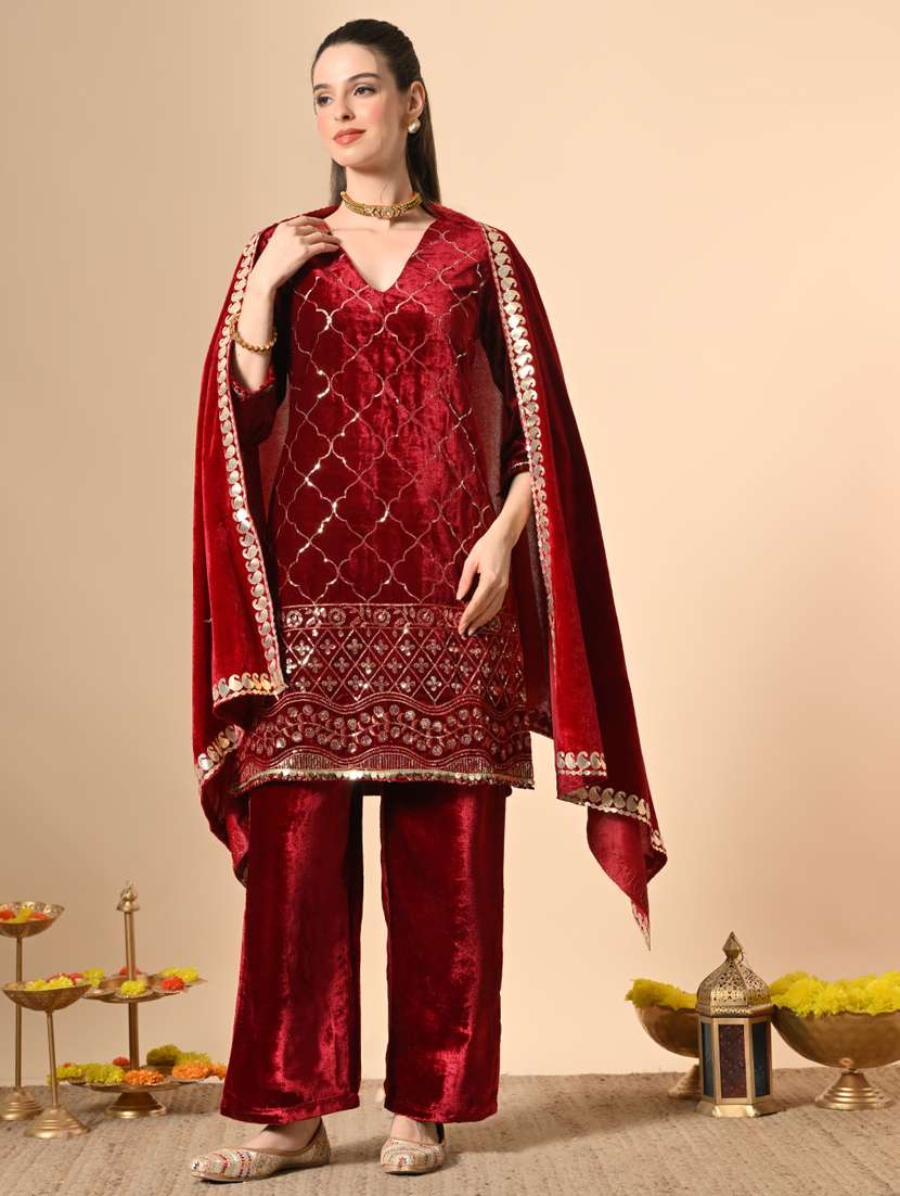 women embroidered kurta and palazzo with dupatta 