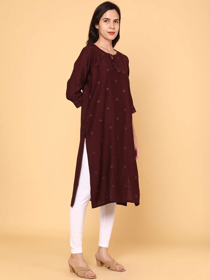 women solid with work three quarter sleeve straight kurta - 22274643 -  Standard Image - 2