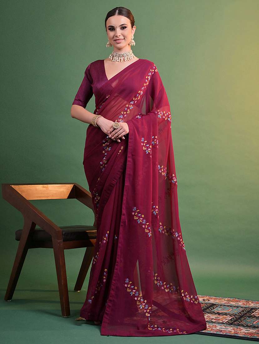 women solid with work embroidered saree with blouse