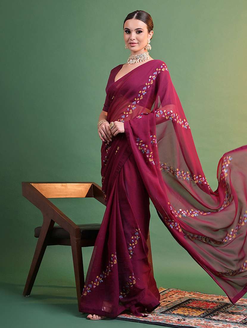 women solid with work embroidered saree with blouse - 22275434 -  Standard Image - 2