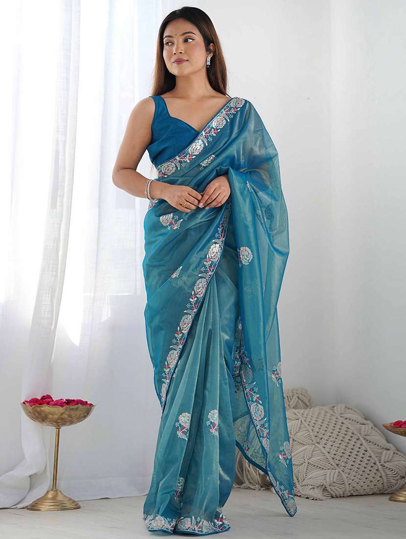 women solid with work embroidered saree with blouse