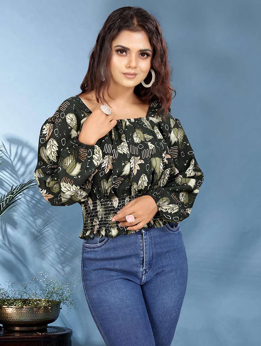 women printed puff sleeve smocked top