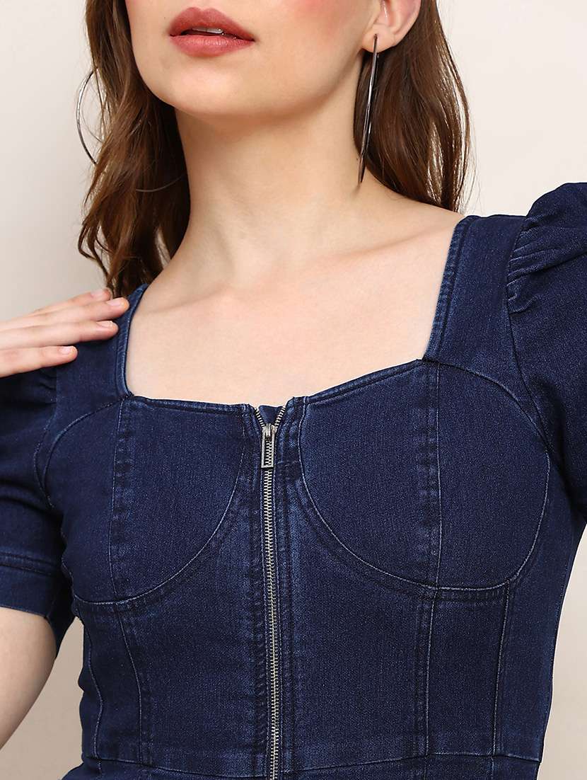 women solid puff sleeve denim bodycon dress - 22277449 -  Standard Image - 2