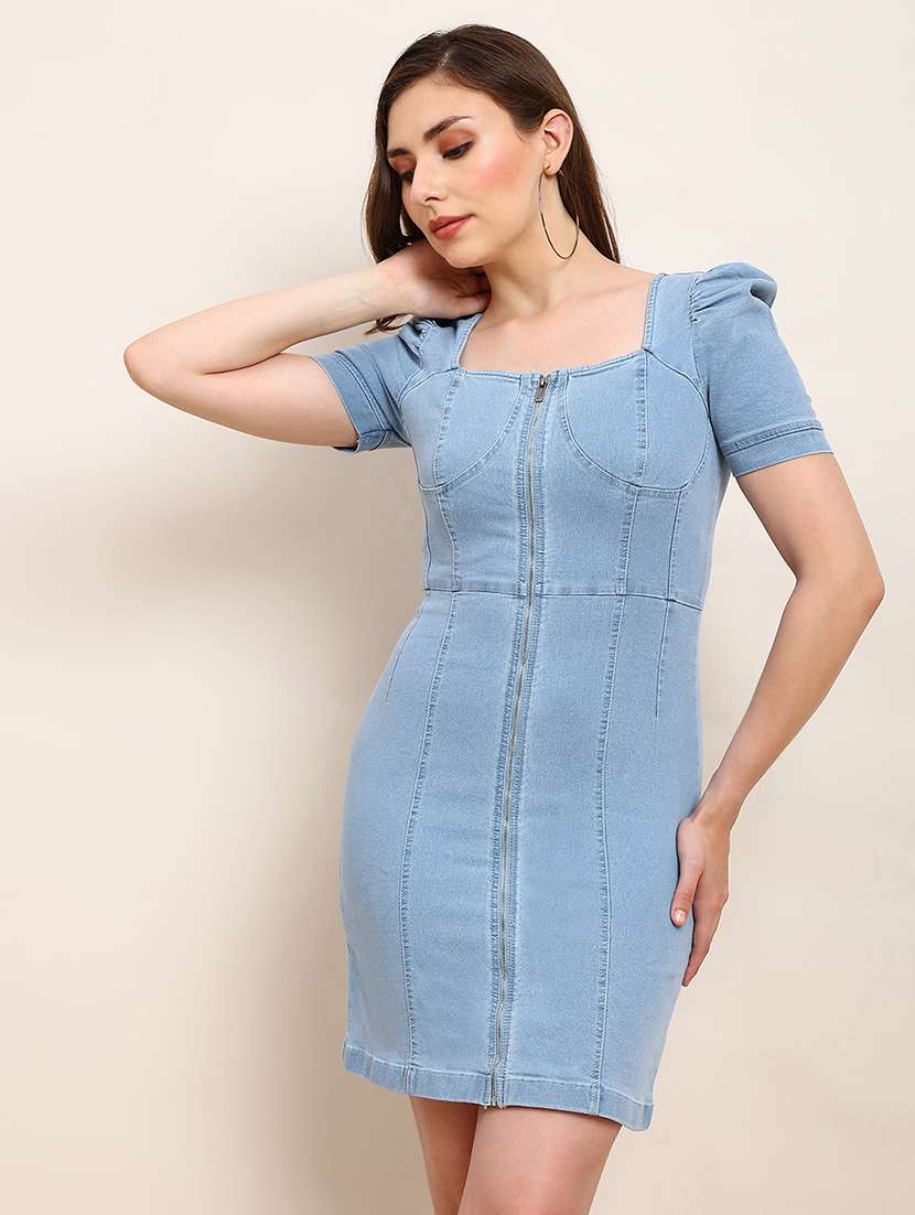women solid puff sleeve denim bodycon dress