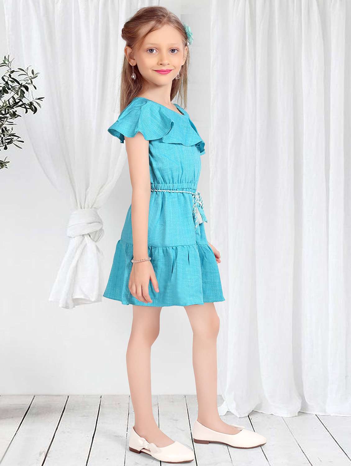 girls solid off shoulder tiered frock - 22277515 -  Standard Image - 2