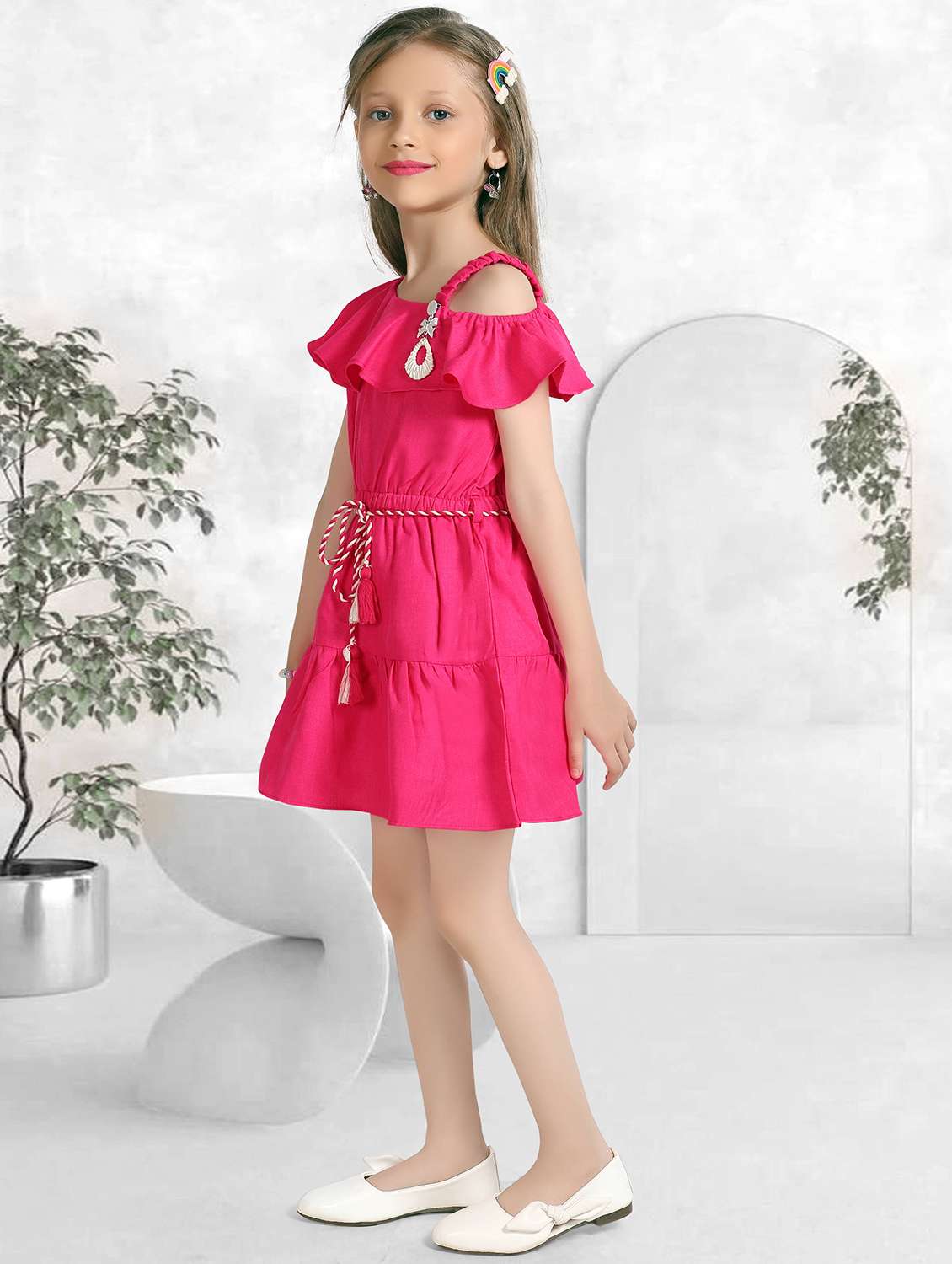 girls solid off shoulder tiered frock - 22277517 -  Standard Image - 2