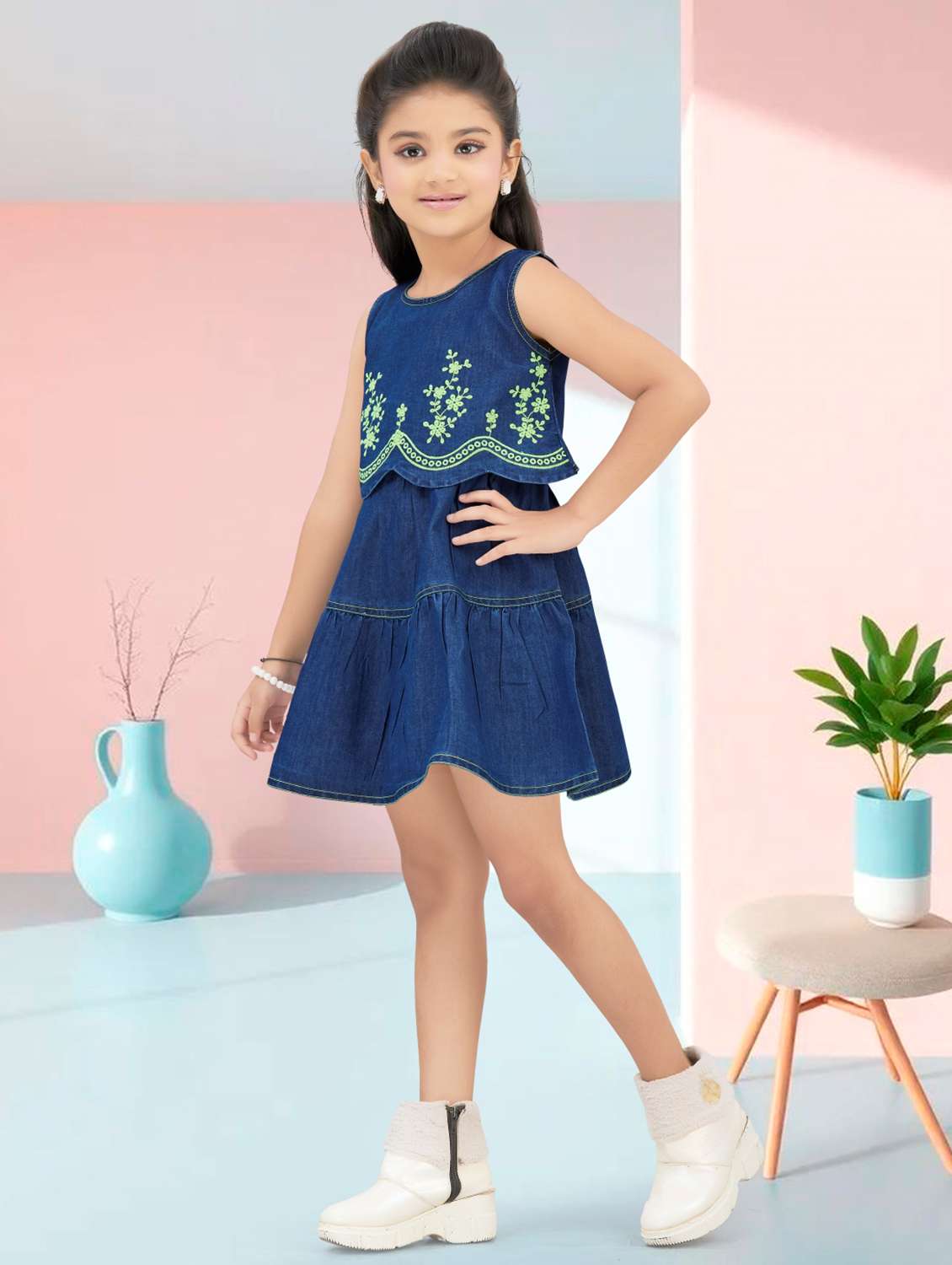 girls embroidered sleeveless denim tiered dress - 22277518 -  Standard Image - 2