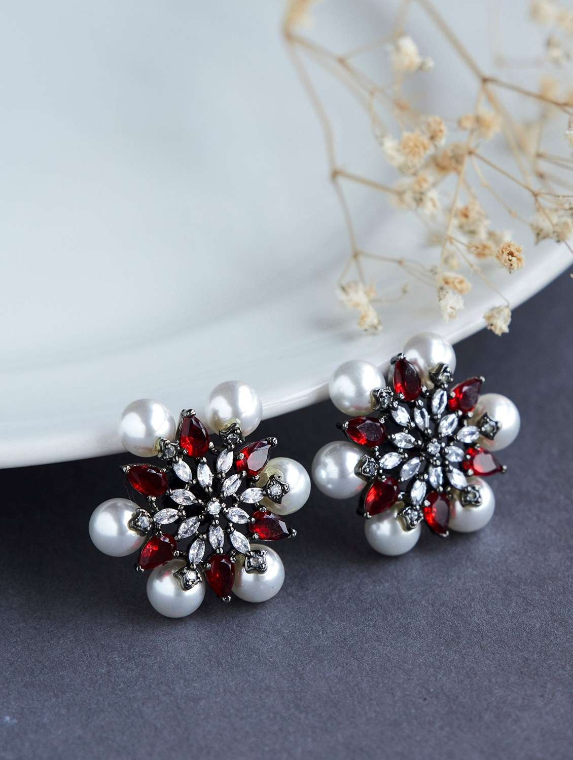 opal touch timeless beauty white pearl studded earrings