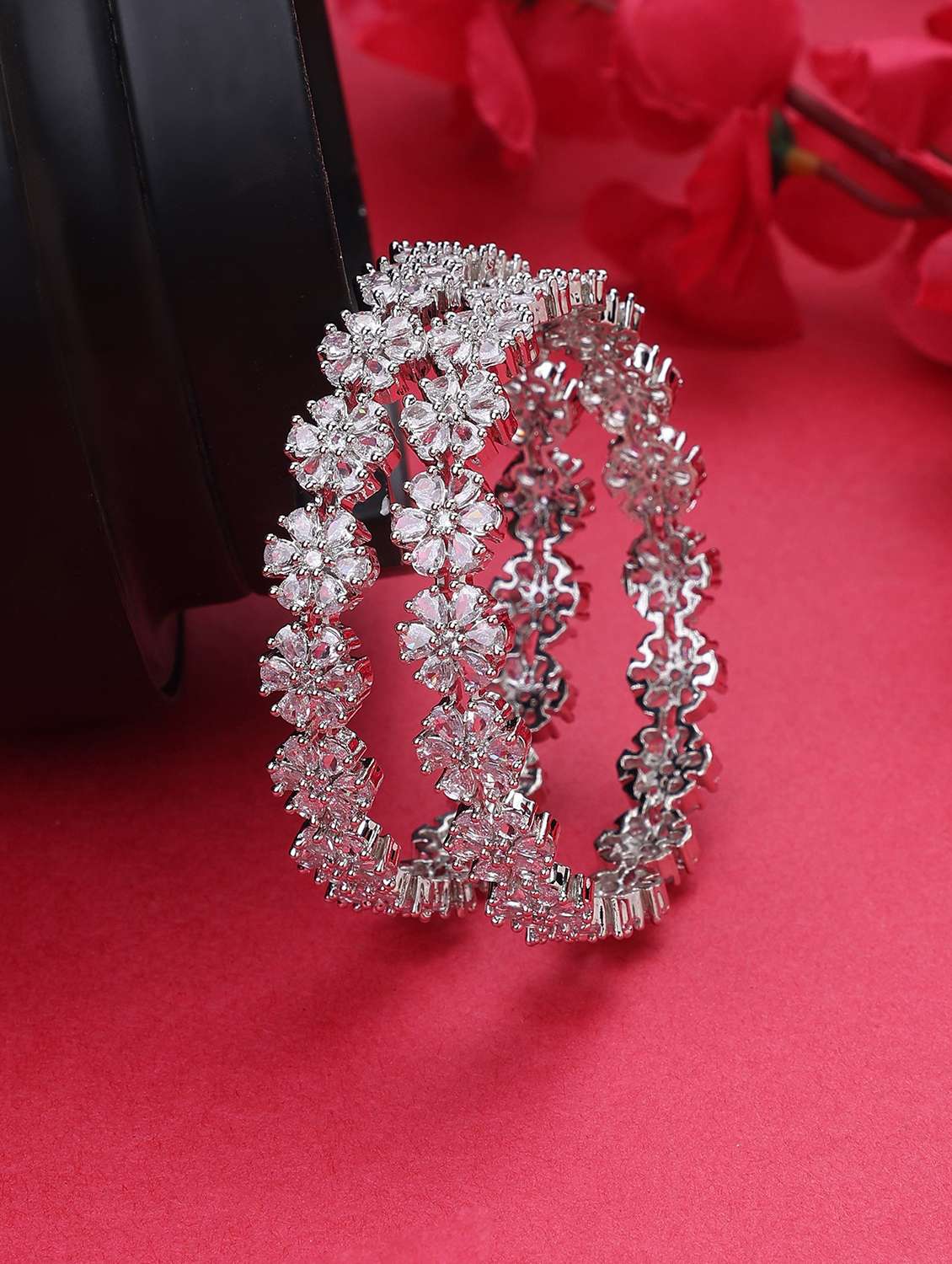crystal cubic zirconia rhodium bangles (pack of 2)