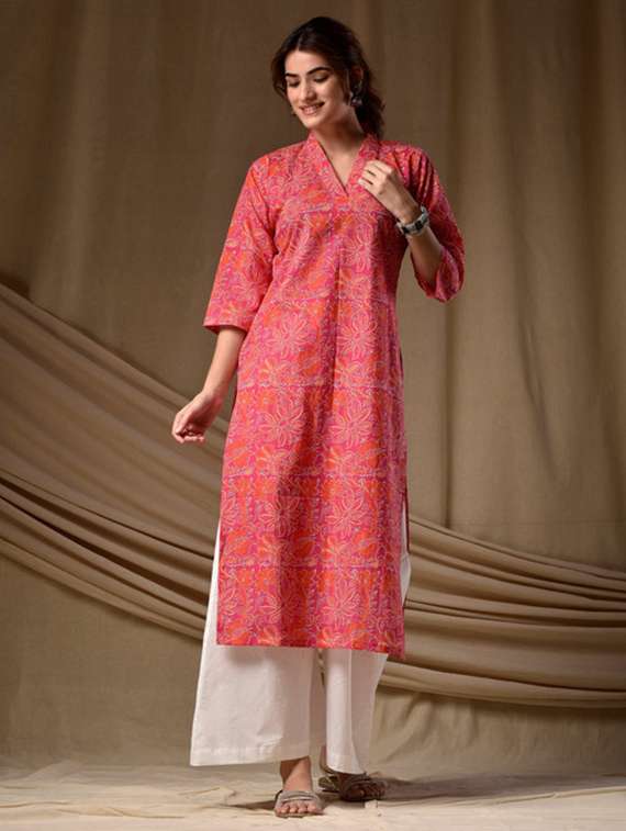 women printed three quarter sleeve straight kurta - 22278432 -  Standard Image - 2