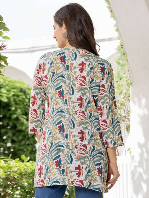 women floral three quarter sleeve straight kurti - 22278439 -  Standard Image - 2