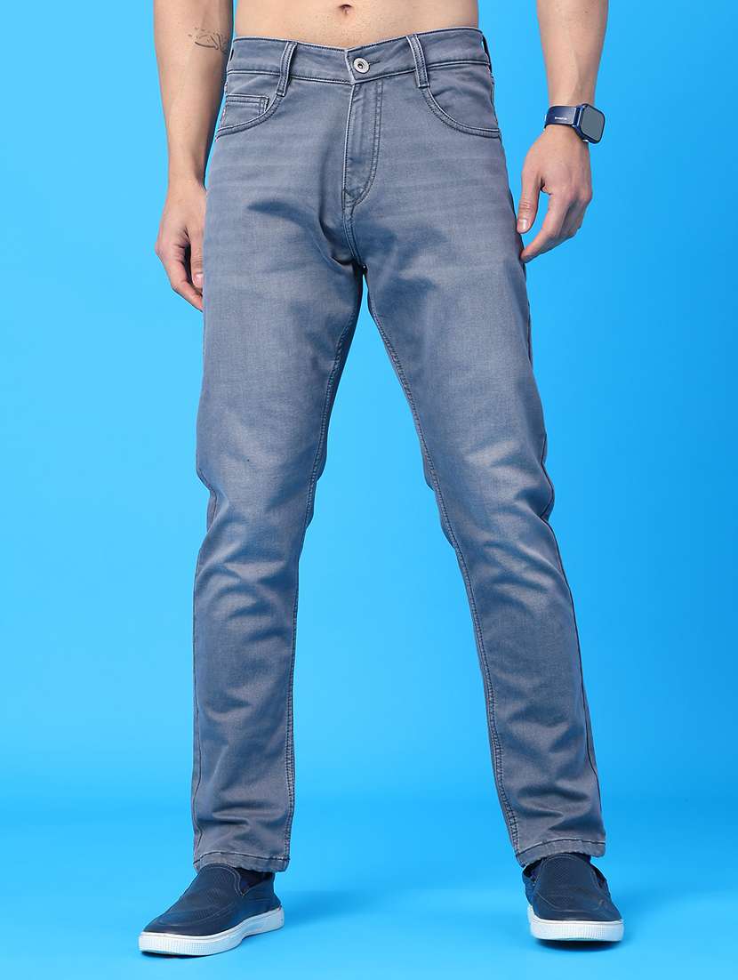 men washed mid rise full length jeans