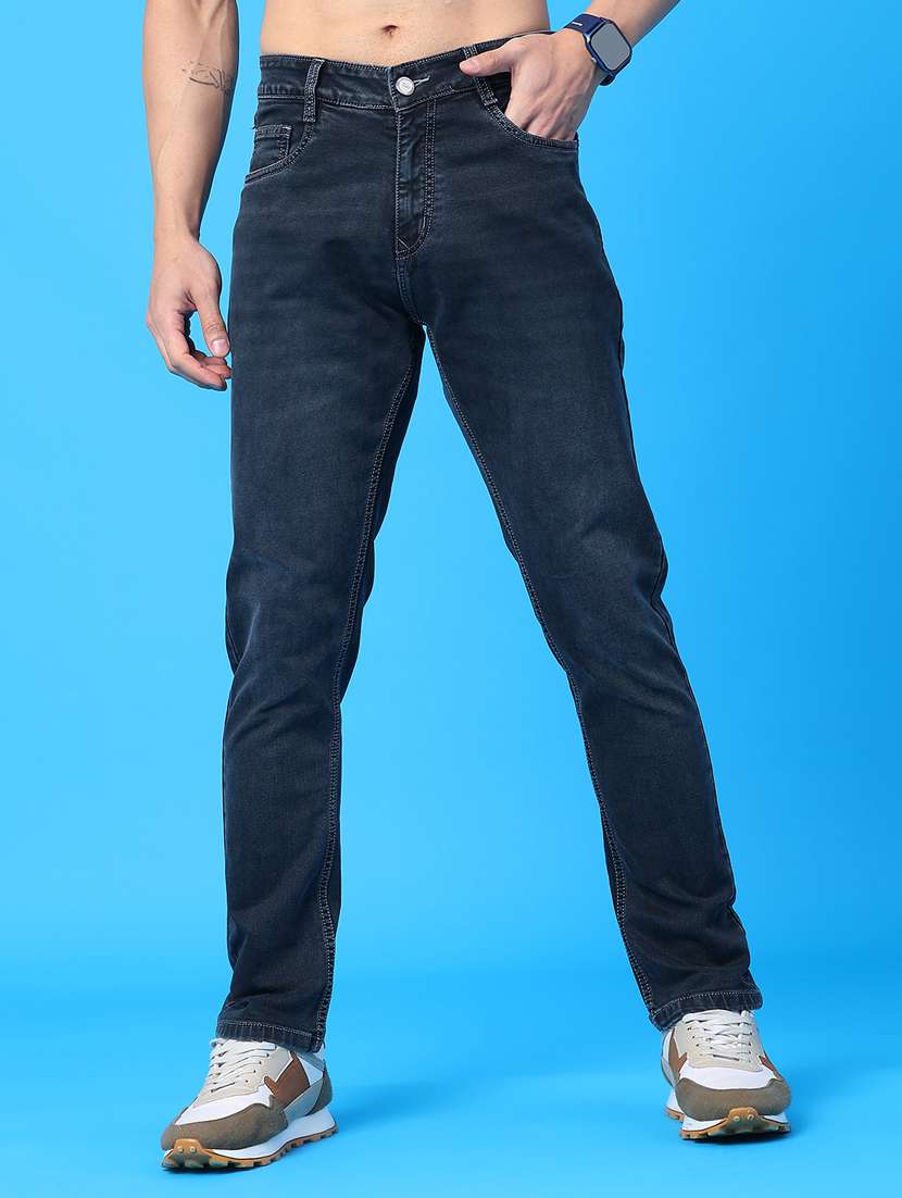 men washed mid rise full length jeans