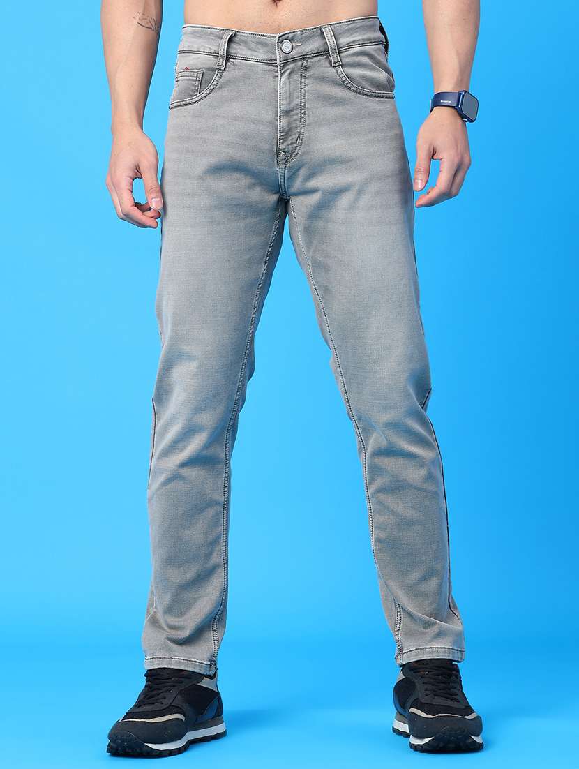 men washed mid rise full length jeans